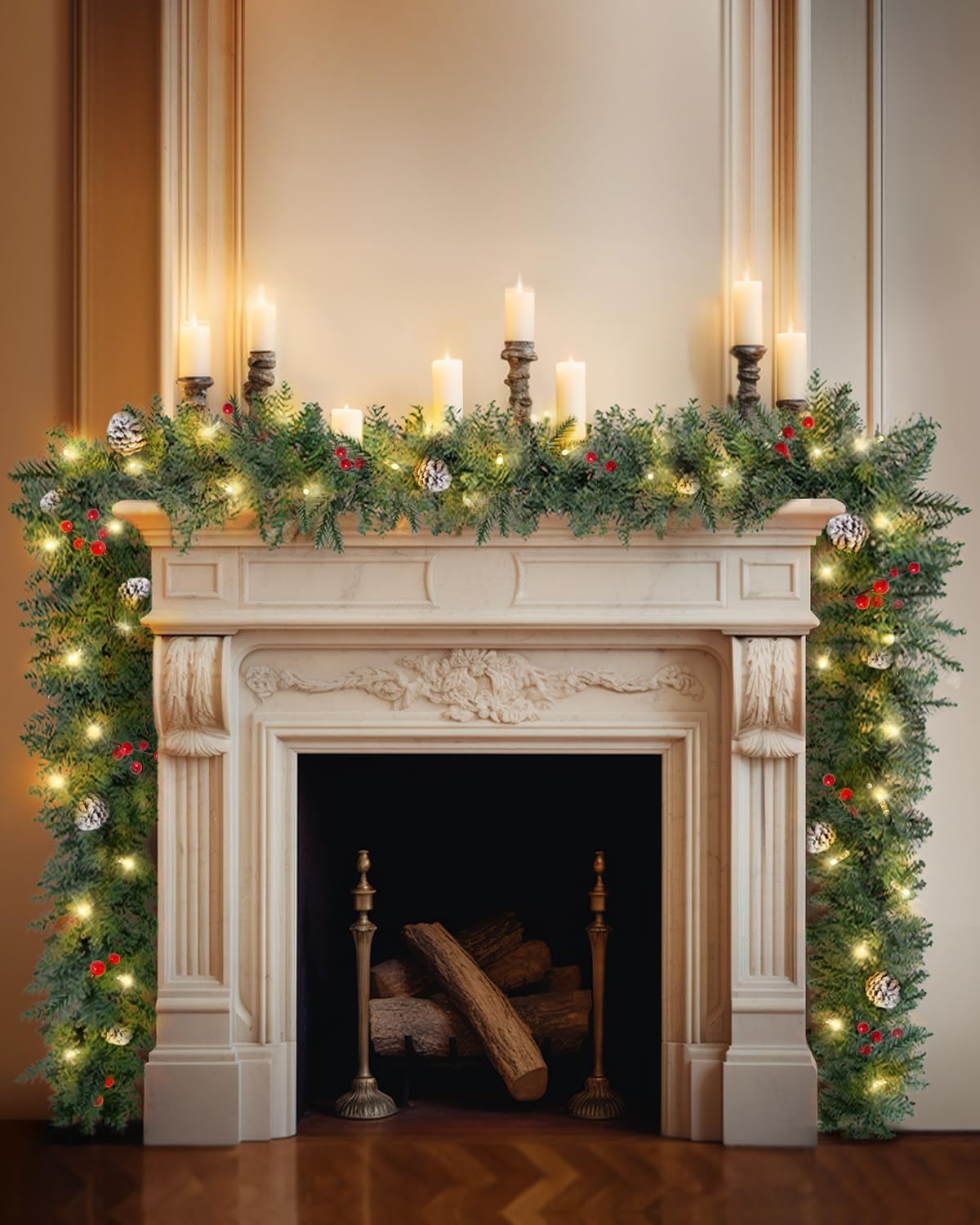 Wreaths, Garlands & Swags - Pre-lit Christmas Garland 9 FT - with Red Berries & Pine Cone Pair of Holiday Artificial Decor for Stairs Wall Door Indoor Outdoor Garland with Battery Operated Timer