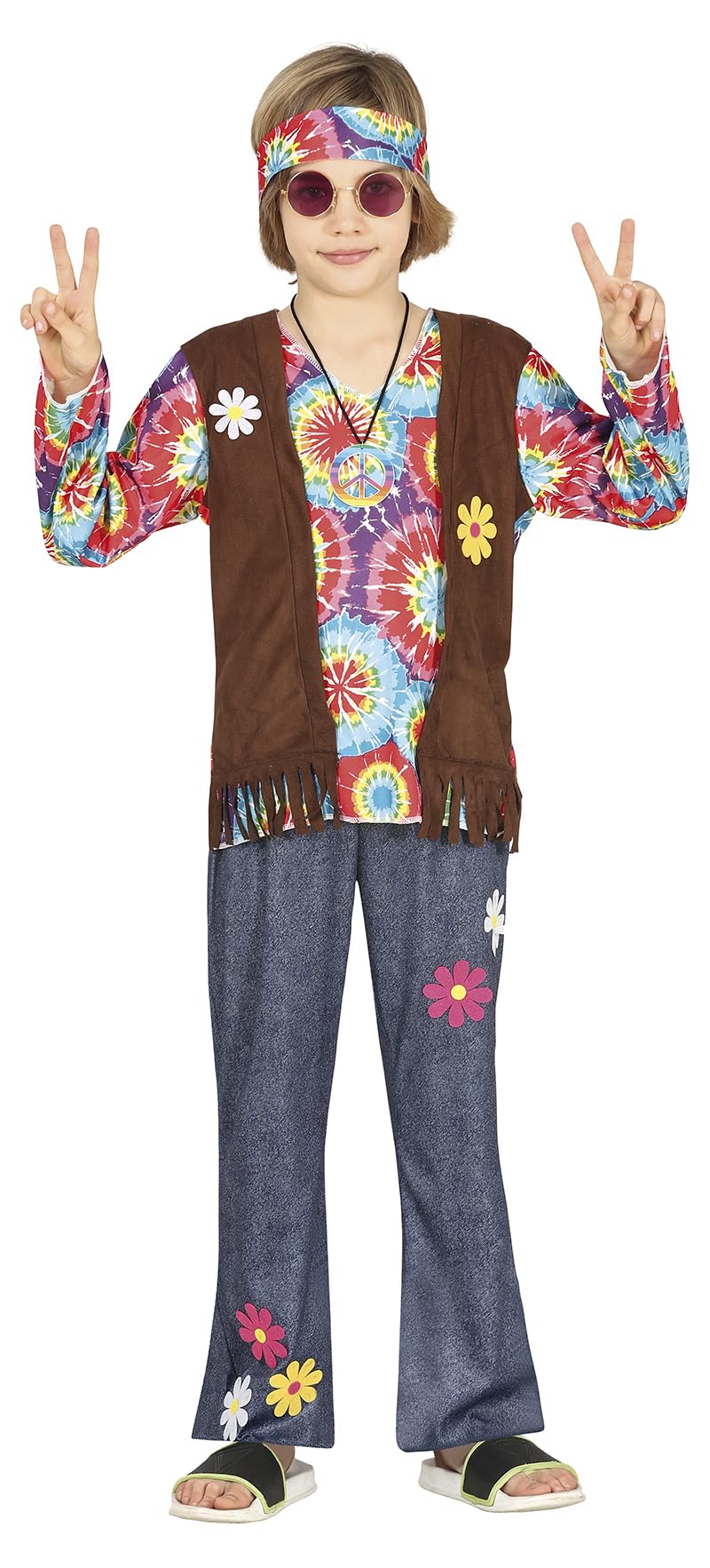 FIESTAS GUIRCA Hippie Boy Fancy Dress Costume - 70s Kids Attire with Hippie Headband, Multicoloured Tie-Dye T-Shirt, Waistcoat and Trousers for Children 5-6 Years