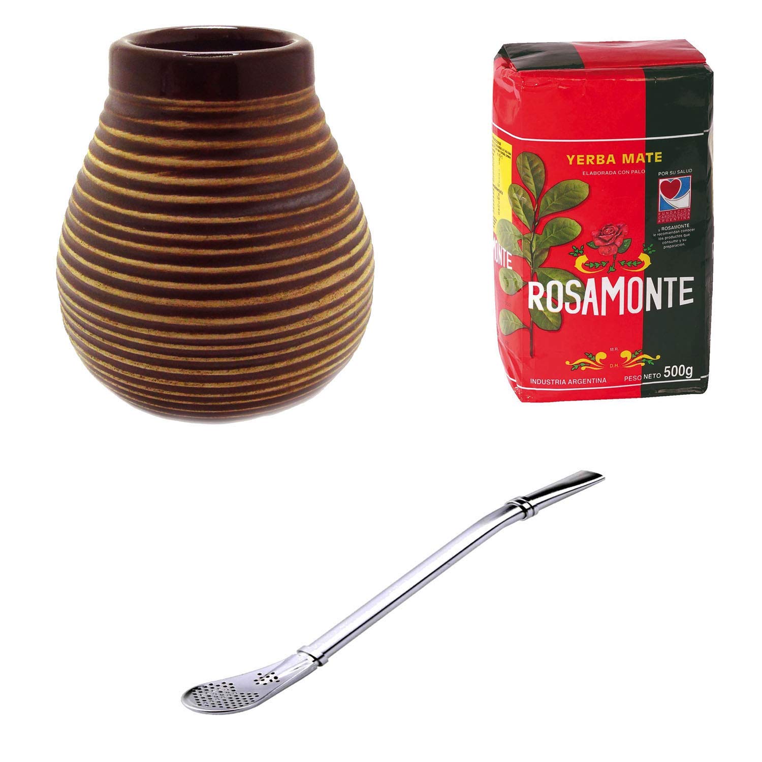 Mein Teeshop Mate Ceramic Mug Brown + Bombilla Stainless Steel + Rosamonte Yerba Mate 500 g