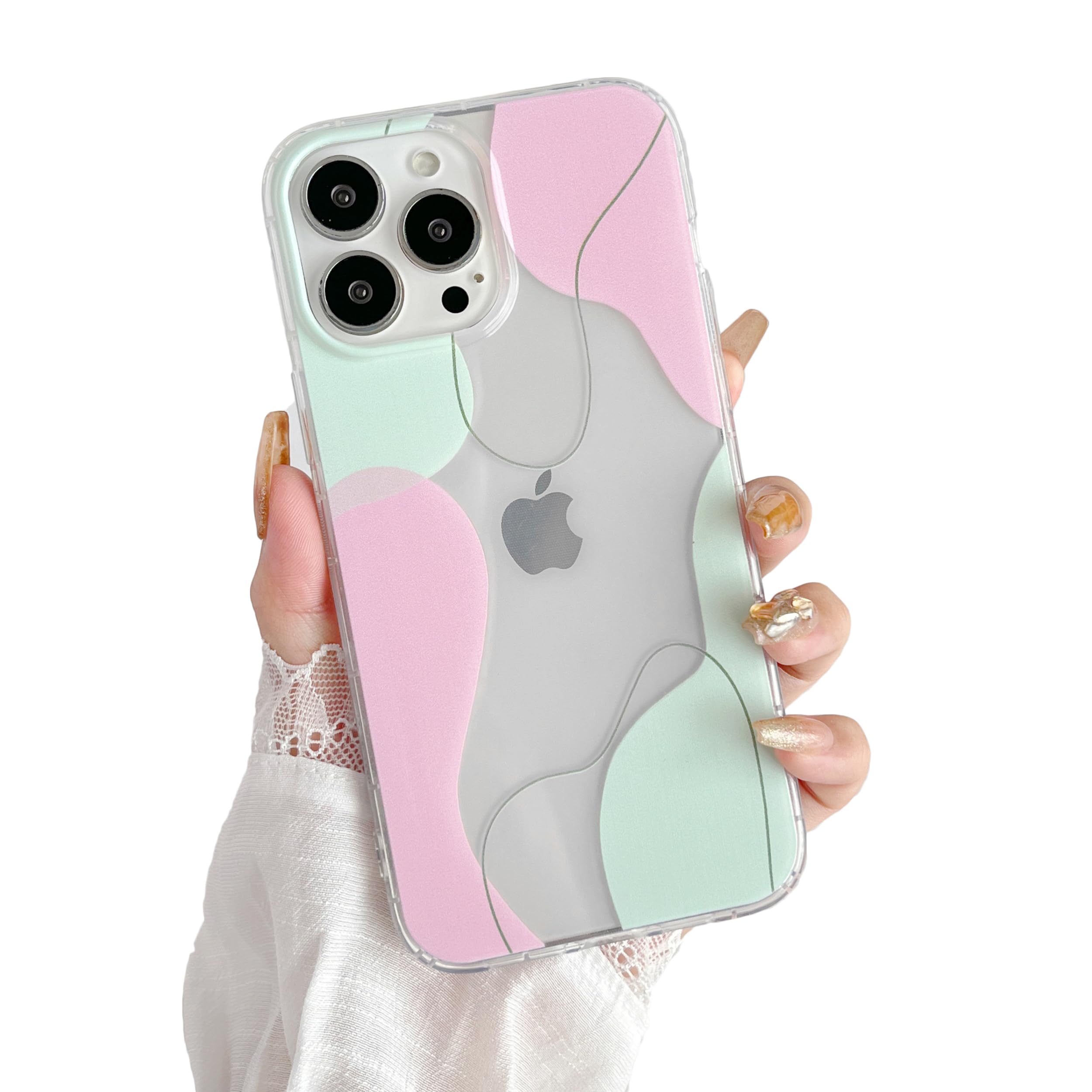 DEFBSC Compatible with iPhone 16 Pro Max Case, Transparent Color Mix Aesthetic Design Soft TPU Bumper Slim Thin Shock-Absorbing Protective Phone Cover - Green Pink