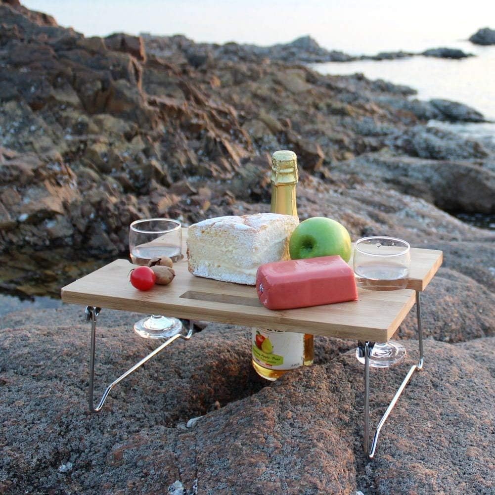 INNOSTAGE Portable and Foldable Wine and Snack Table for Picnic Outdoor on The Beach Park or Indoor Bed-2 Positions: Kitchen & Dining