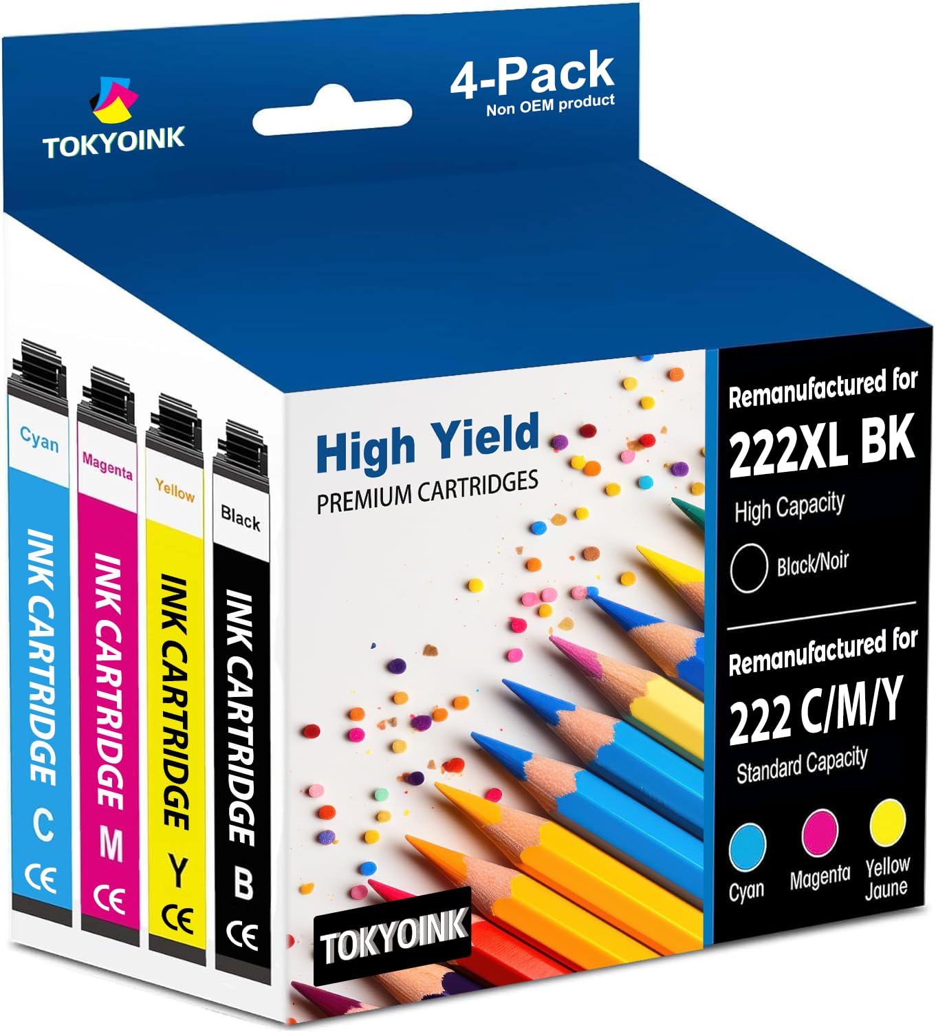 Photo 1 of TOKYOINK 222XL Ink Cartridges Combo Pack Remanufactured Replacement for 222 Ink Cartridge 222 XL for Printer XP-5200 WF-2960 Printer Ink (Black, Cyan, Magenta, Yellow 4 Pack)