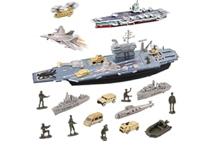 UNIH Aircraft Carrier Toy Military Vehicles Play Set with Model Battleship Planes Fighter Jet Helicopter Tank Soldier Army Men Toys Gifts for Boys Kids 3 4 5 6 7 8 Year Old