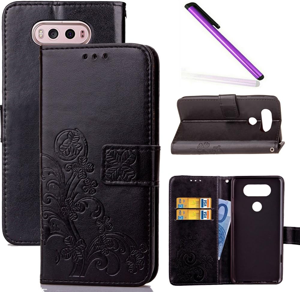 COTDINFOR LG V20 Case Wallet Bookstyle Pu Leather Flip Magnetic Strap Stand Case for Girls Elegant Retro Lucky Clover Design Shockproof Slim Cover For LG V20 Clover Black SD