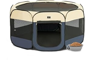 A 4 PET Portable Dog Playpen for Small Dogs & Puppies –39.5" Pop-Up Foldable Pet Fence with Bowl, Waterproof Bottom, Removable Mesh Top, Indoor Outdoor Use, Secure Zippered Door, Travel & Training Use
