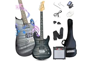 LUCKWBQ 39" Full Size ST Style Electric Guitar Starter Kit with HH Pickup, 20W Portable Amp, Tuner, Gig Bag, Strap & Accessories (Black Flame)