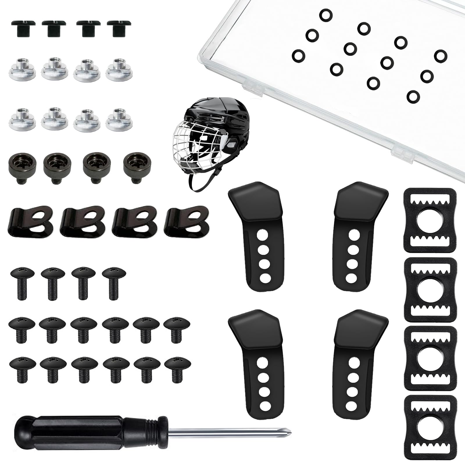Photo 1 of Fortunemee Universal Hockey Helmet Repair Kit, Ice Hockey Helmet Replacement Parts, Face Mask Cage Fix Kit, Includes Replacement J Clips, R Clips, Posts & Bolts (US Standard), for Kids, Teens, Adults