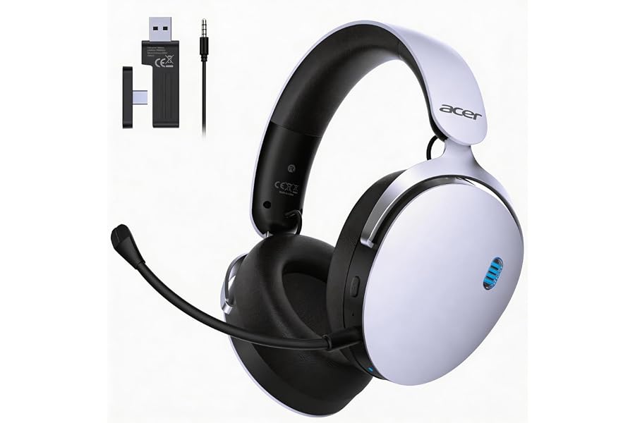 Acer 2.4GHz Wireless Gaming Headsets for PS5, PS4, PC, Switch, Tri-Mode Gaming Headphones with Noise Canceling Mic, Stereo Sound, 40+Hr Battery, 50mm Drivers - White