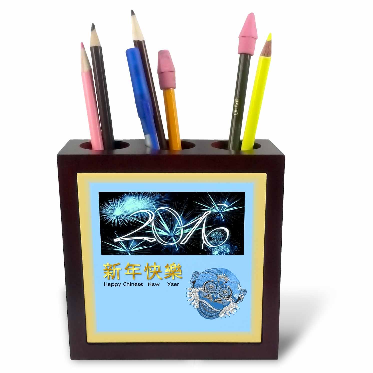 3dRose Image of Happy Chinese New Year in Blue and Gold with Monkey Face-Tile Pen Holder, 5-Inch (Ph_223475_1), 5 Inches