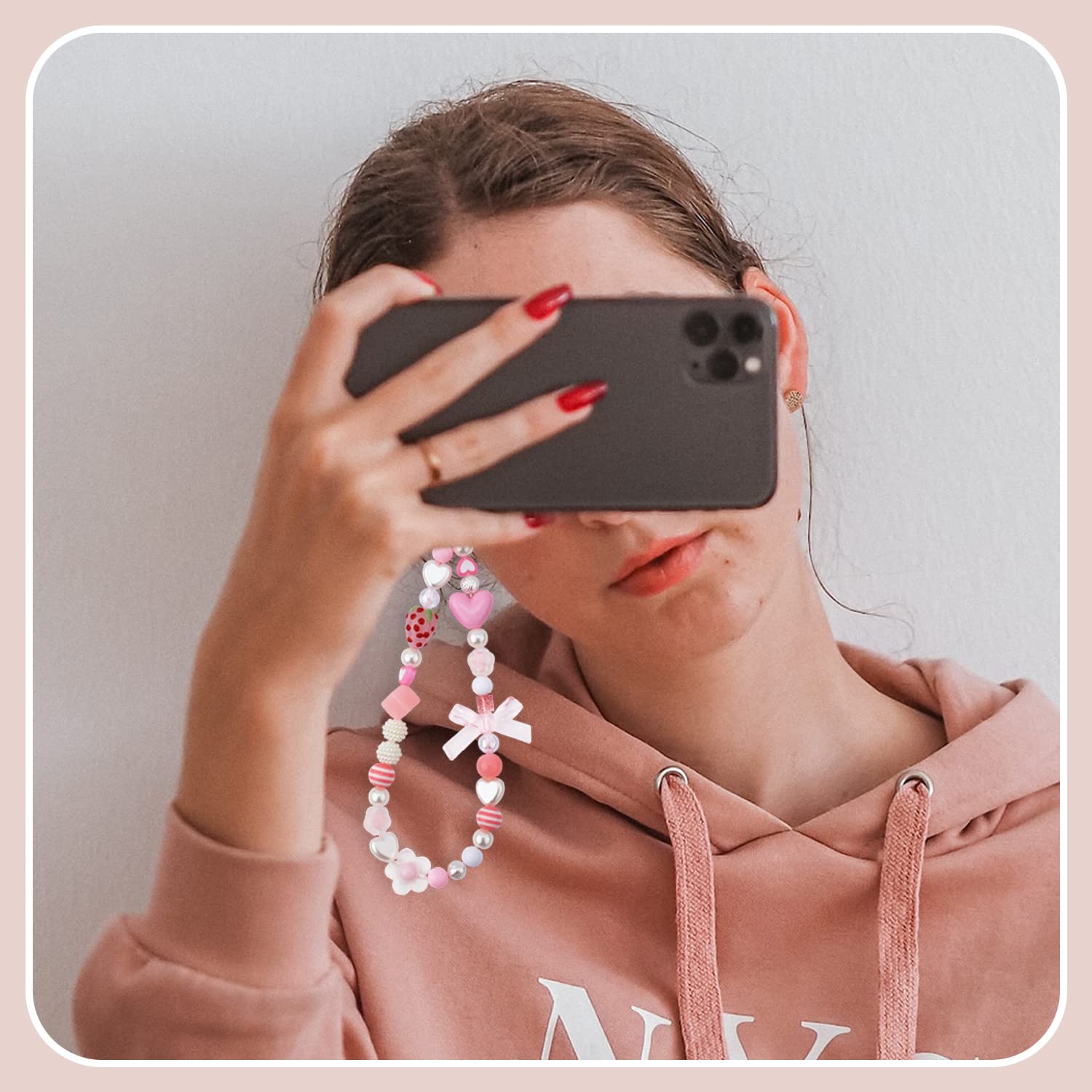 2pcs Cute Beaded Cellphone Straps Charms Butterfly Phone Lanyard Flower Phone Chain Strawberry Wrist Strap for Girls Woman (White and Pink)