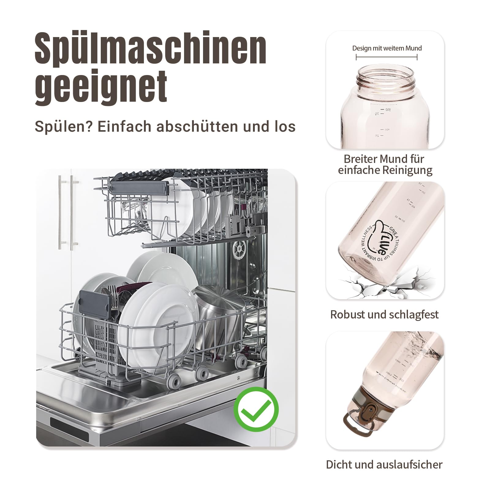 UZSPACE Trinkflasche Sport 1L, Tritan Bpa-Frei Trinkflasche Auslaufsicher mit Einhandbedienung, Kohlensäure Geeignet, Spülmaschinenfest, Wasserflasche für Gym Frauen Yoga, Braun 3