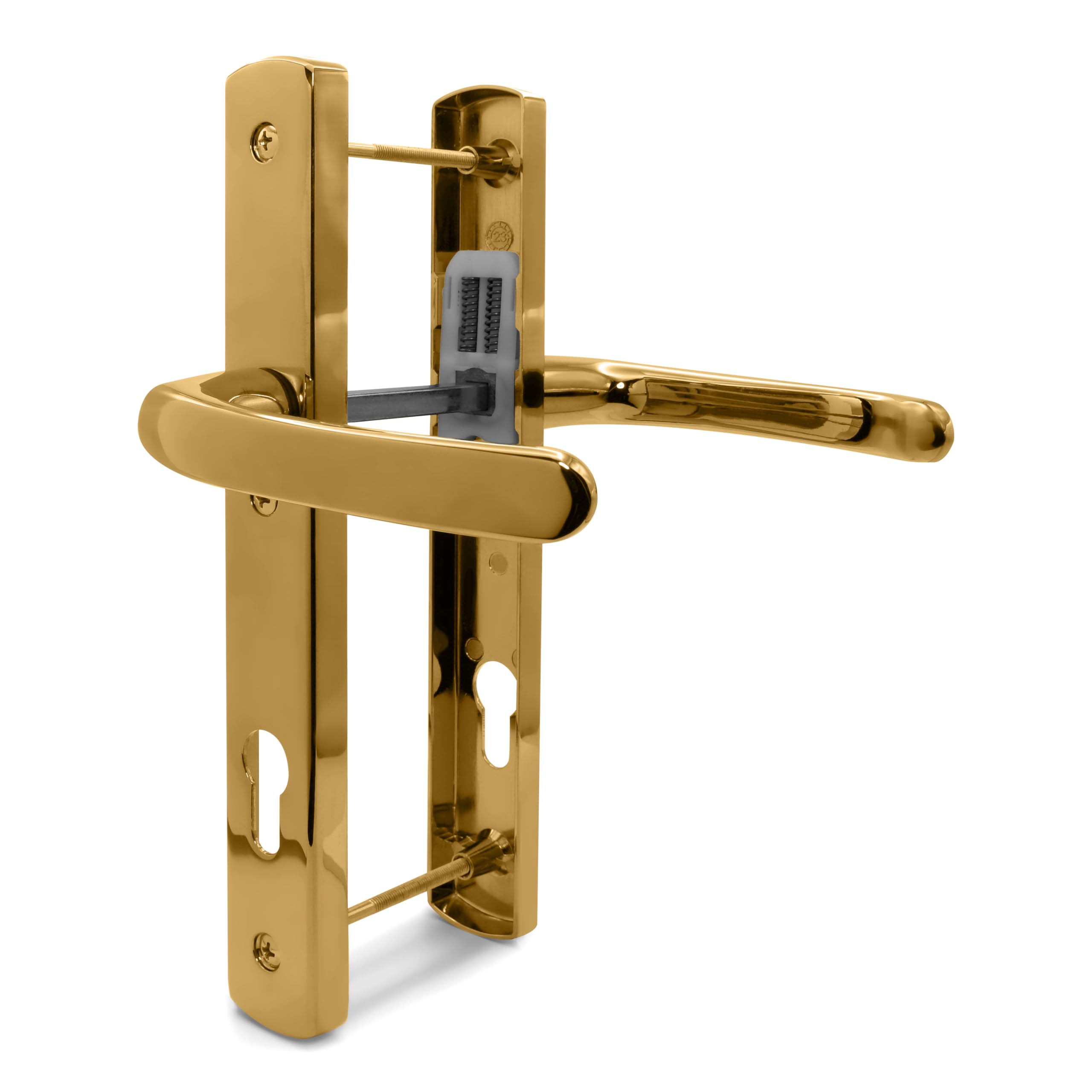 TSS Polished Brass UPVC Door Handle Pair Set, 92mm PZ (Centres), Sprung, Lever Lever, 215mm Top Screw To Bottom Screw (screw centres), 3x Fixing Points, Backplate 260mm x 35mm - Replacement PVC Handle