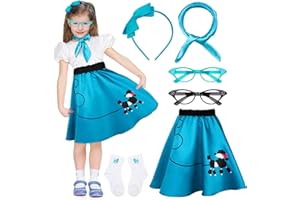 AOTHSO 6 Pieces 1950s Girls Poodle Skirt 50s Costume Accessory, Headband Glasses Scarf Socks Outfit Halloween Costume