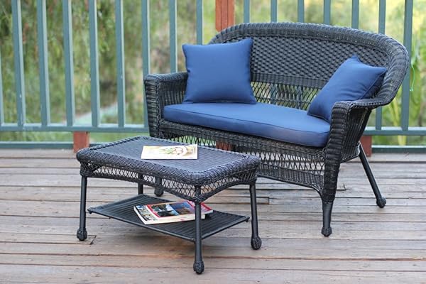 Jeco Wicker Patio Love Seat and Coffee Table Set with Blue Cushion