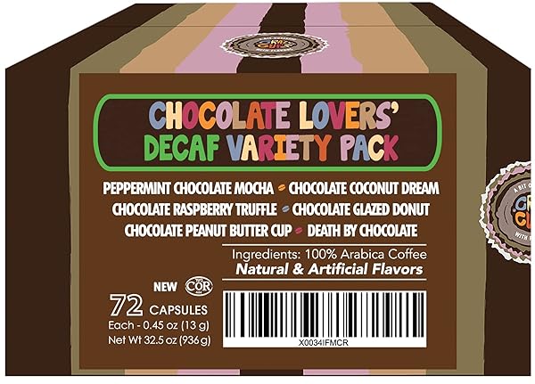 CRAZY CUPS DECAF CHOCOLATE COFFEE PODS, 72 COUNT VARIETY PACK, DARK ROAST, COMPATIBLE WITH KEURIG K CUP MACHINES, VEGAN, GLUTEN FREE, KOSHER CERTIFIED