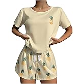 SweatyRocks Women's Graphic 2 Piece Pajama Set Summer Cute Sleepwear Print Tee and Shorts PJ Set