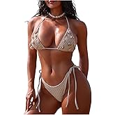 MakeMeChic Women's Bikini Sets Shell Halter Triangle Crochet Cheeky Summer Beach Swimsuit