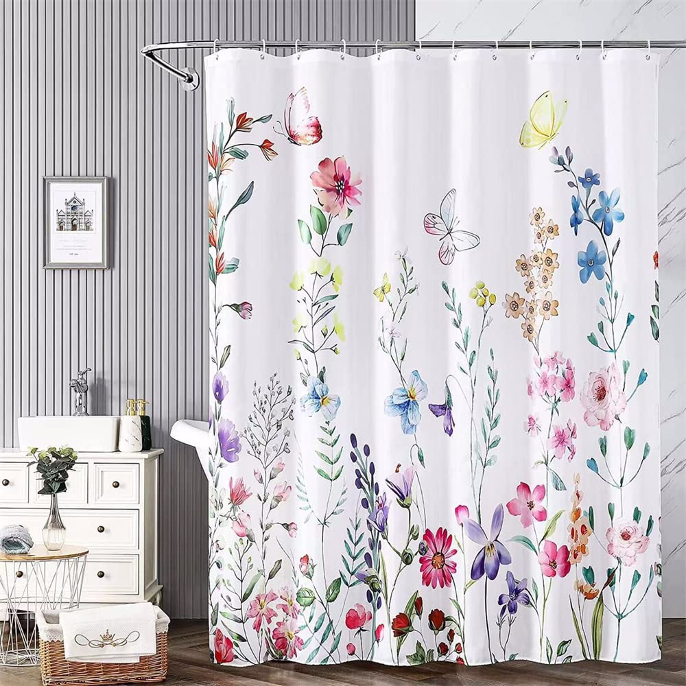 TURIM Flowers Shower Curtain 240 x 200 cm Water-Repellent Anti-Mould Fabric Bathroom Curtain Pink 240 x 200 cm