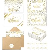 Fumete 72 Sets Bulk Welcome Card Golden for Christmas Guest with Kraft Envelope Sticker Blank 6x4 in Church Welcomes Note Card Paper Hotel Business Greeting Postcard Wedding Employee Team(Gold Foil)