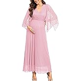 AISWI Maternity Sparkly Mesh Maxi Dress Handkerchief Sleeves Wrap V Neck Flowy Pregnancy Dresses Baby Shower Formal