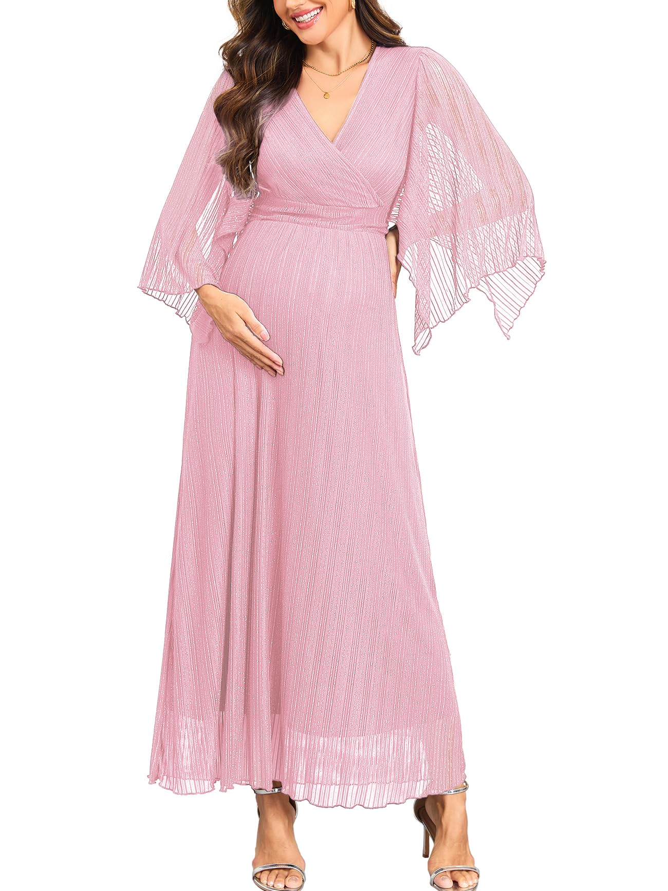 Photo 1 of AISWI Maternity Sparkly Mesh Maxi Dress Handkerchief Sleeves Wrap V Neck Flowy Pregnancy Dresses Baby Shower Formal, Pink, X-Large