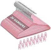 Babyrish Velvet Baby Hangers with Clips (30 Pack) | 11” Ultra-Slim Baby Clothes Hangers | Non-Slip Felt | Space-Saving Nursery & Infant Closet Organizer | Pink