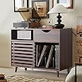 Lisicues Record Player Stand, Vinyl Record Cabinet with Power Outlet Holds Up to 200 Albums, Turntable Stand Table, Fluted Sliding Door, Living Room(Walnut)