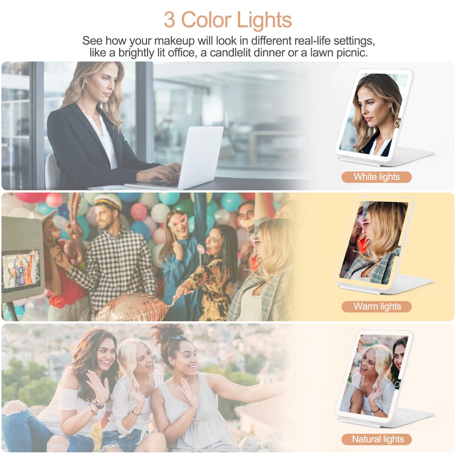 Rechargeable Travel Makeup Mirror with Lights, Portable Lighted Regular Mirror with Small 10X Magnification, 70 LEDs 3 Color Dimmable, Tabletop Folding Compact Cosmetic Mirror