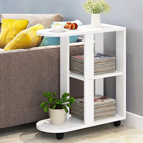 QIHANGUK Mobile Sofa Side Table for Small Spaces, Wood Rolling White