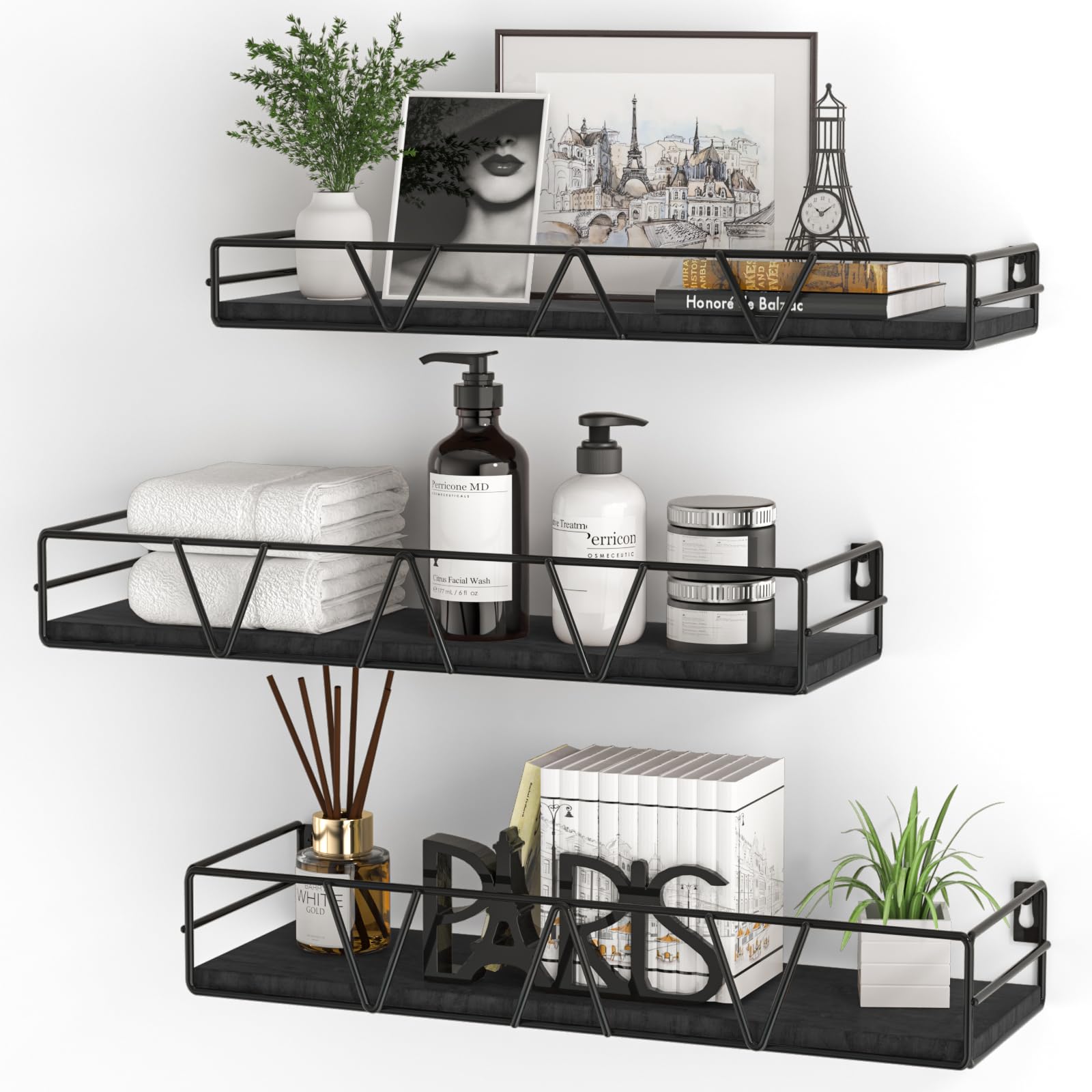 Photo 1 of Floating Shelves Set of 3, Home Wood Wall Shelf, Farmhouse Shelf for Bedroom, Wall Mounted Floating Shelf for Living Room, Bedroom, Bathroom, Kitchen, Office (Black 2)