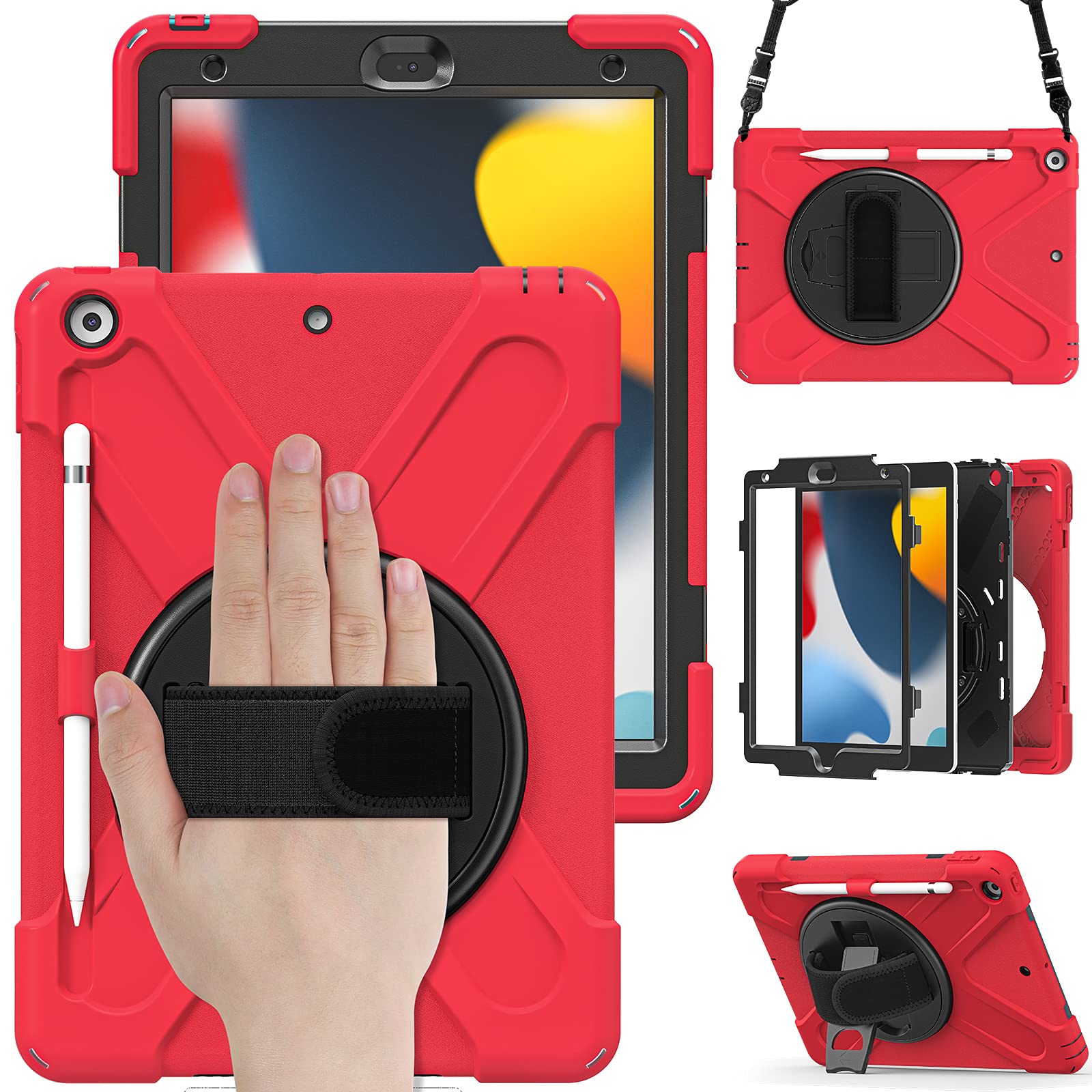 UFinetech iPad 9th Generation Case, iPad 10.2 2019 Case, iPad Case 7th/8th, 360 Rotate Stand Hand Strap Shoulder Strap Pencil Holder, Drop-Proof Rugged Protective Kids iPad Case 2021/2020/2019, Red