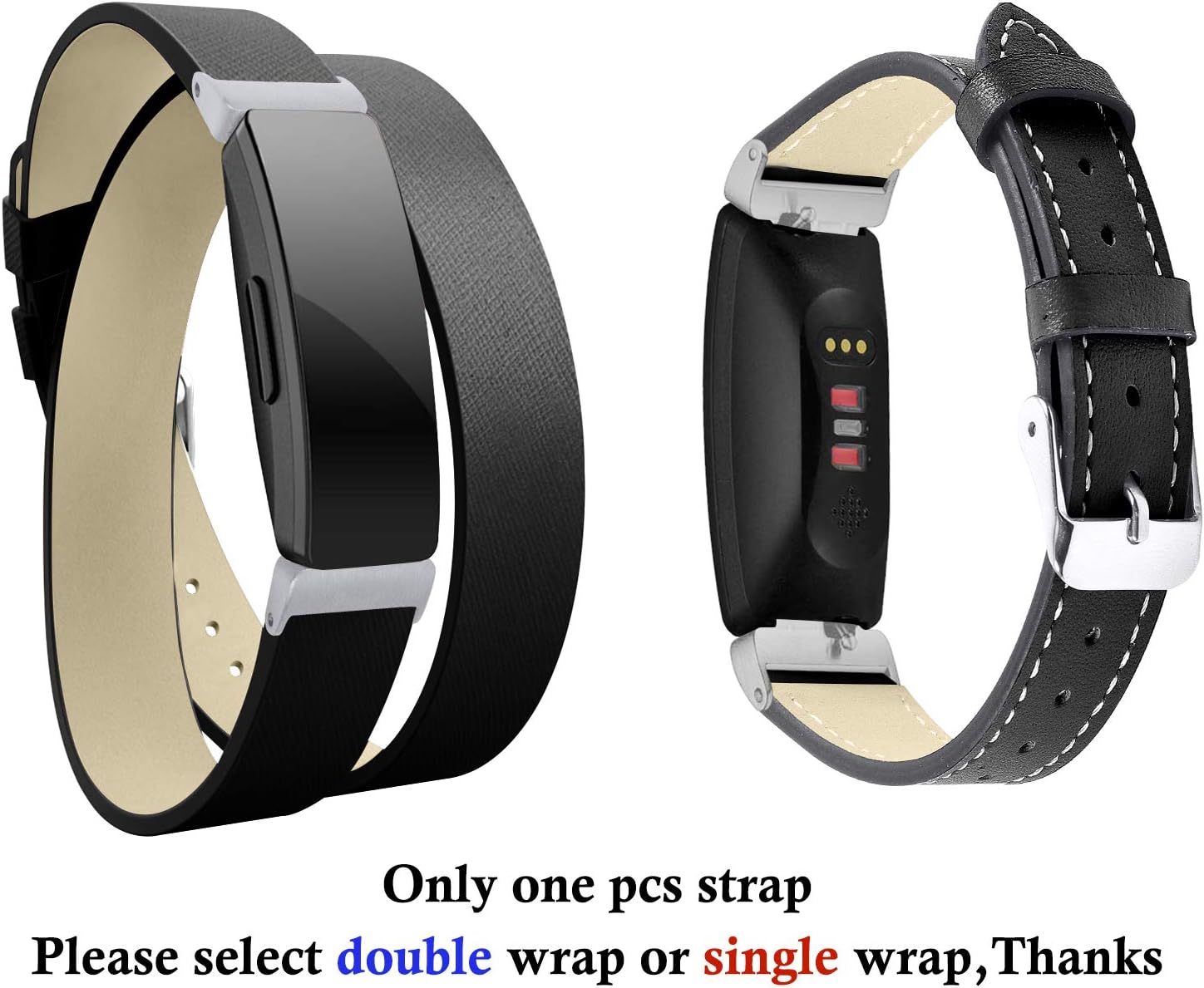 Yavive Compatible for Fitbit Inspire/Inspire HR Genuine Leather Straps,Fitbit Inspire/Inspire Accessory Real Leather Bands Soft Wristband Bracelet (Black, Double Wrap(5.3”- 6.6"))
