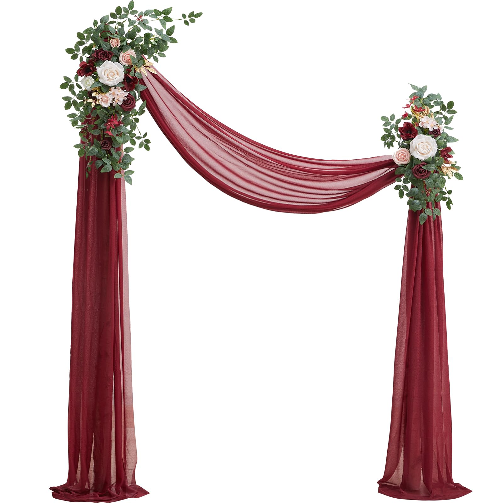 Photo 1 of Serwalin Arch Flowers with Drapes Kit (???? ?? ?), 2 Pcs Burgundy Wedding Flowers Swag with 1 Pc Drapes Fabric for Wedding Decoration Ceremony Reception Arch Decor