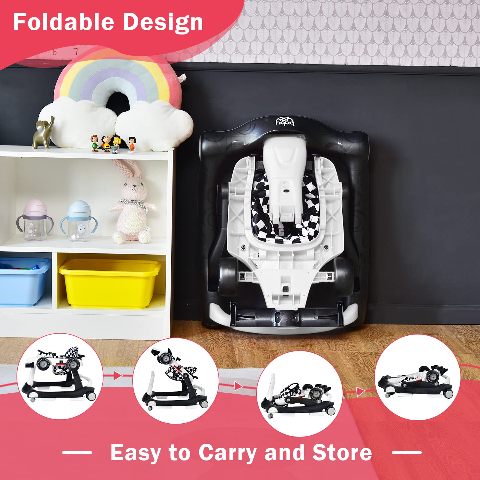 BABY JOY 4-in-1 Baby Walker, Foldable Activity Walker with Adjustable Height & Speed, Music, Lights, Anti-Rollover, Toddler Push Walker, Baby Walker with Wheels for Boys Girls 6-18 Months (White)