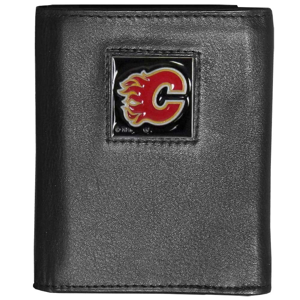 Siskiyou Sports NHL Mens Calgary Flames Deluxe Leather Tri-fold Wallet Packaged in Gift Box One Size Black
