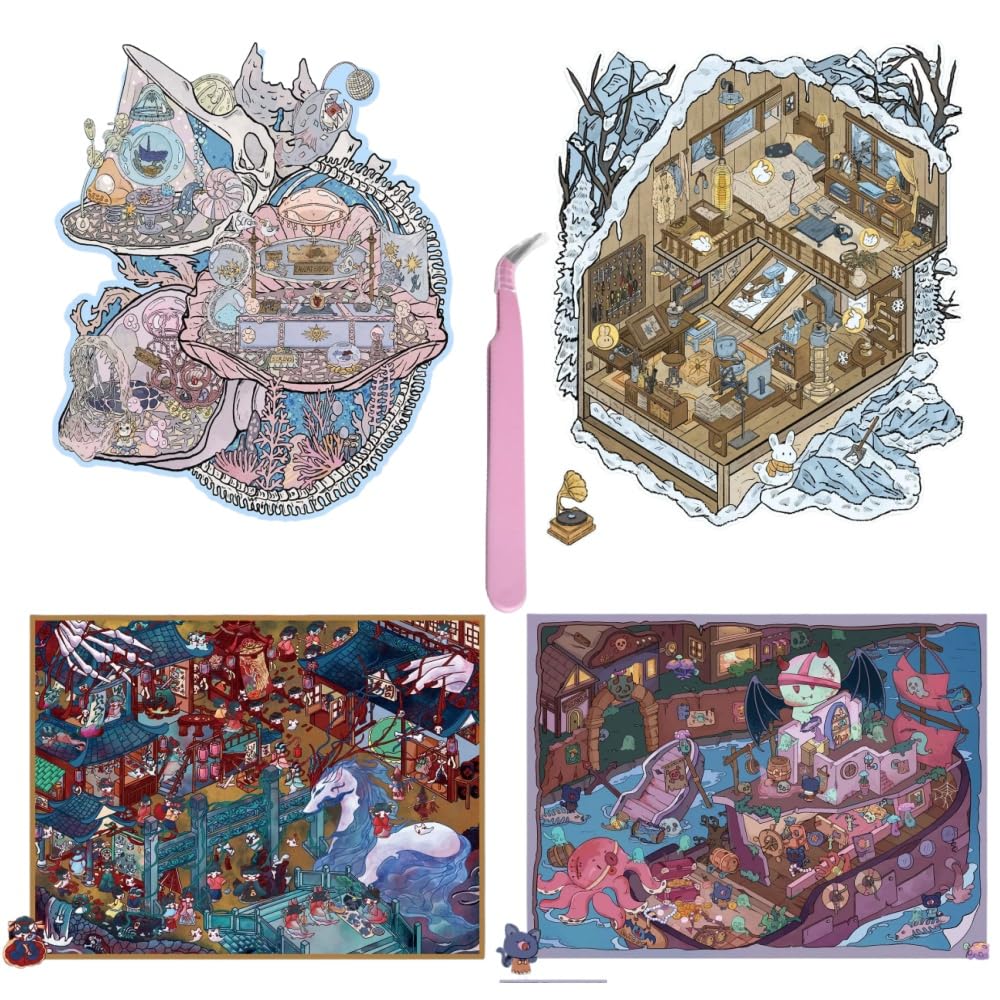 Luzhans 4 Sets Large Size Ghost DIY 3D Sticker Scene Collection Book for Adults Horrific DIY 3D House Stickers Book Miniature Scene Stickers Therapy for Adult Relief Stress Pass The Time