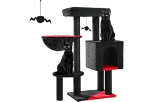 Muttros Gothic Cat Tower, 35.4" Black Cat Condo w/Large Coffin Bed, Spooky Balls, Scratching Post, Comfy Hammock, for Small-Med Cats, Halloween