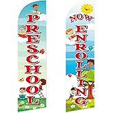 2 Pcs Now Enrolling Day Care Feather Flag 2. 5 ft x 12 ft Preschool Advertising Flags Weatherproof Polyester Now Open Banner Marketing Sign for Schools Child Care Business Advertising