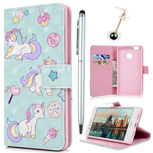 BADALink Hülle für Huawei P9 Lite Einhorn 3D Gemalt Handyhülle Leder PU Case Cover Magnet Flip Case Schutzhülle Kartensteckpl