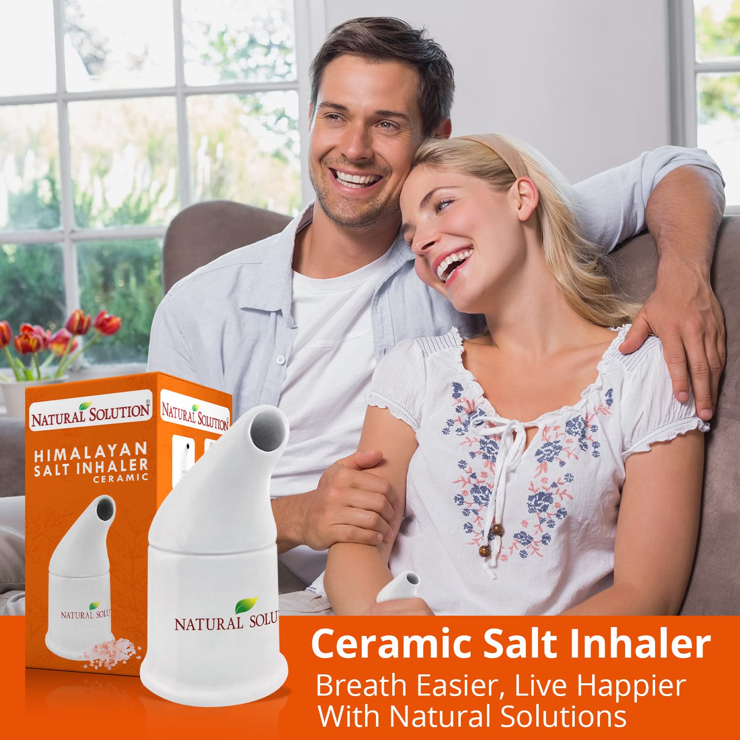 NATURAL SOLUTION Ceramic Salt Inhaler with 2 Himalayan Pink Salt Refills, Cleans The Respiratory System, Relief Breathing Congestion, Inhaler for Asthma White 1 Count