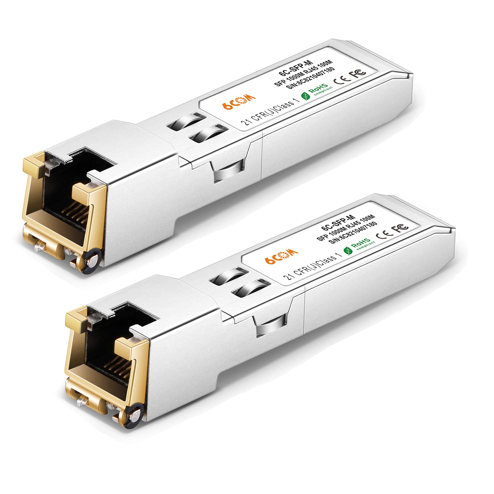 6COMGIGA 1.25G SFP-T Transceiver, 1000Base-T RJ45 Copper Module, for Cisco, Ubiquiti, Netgear, D-Link, Supermicro, TP-Link, Meraki, up to 100m [2 Pack]