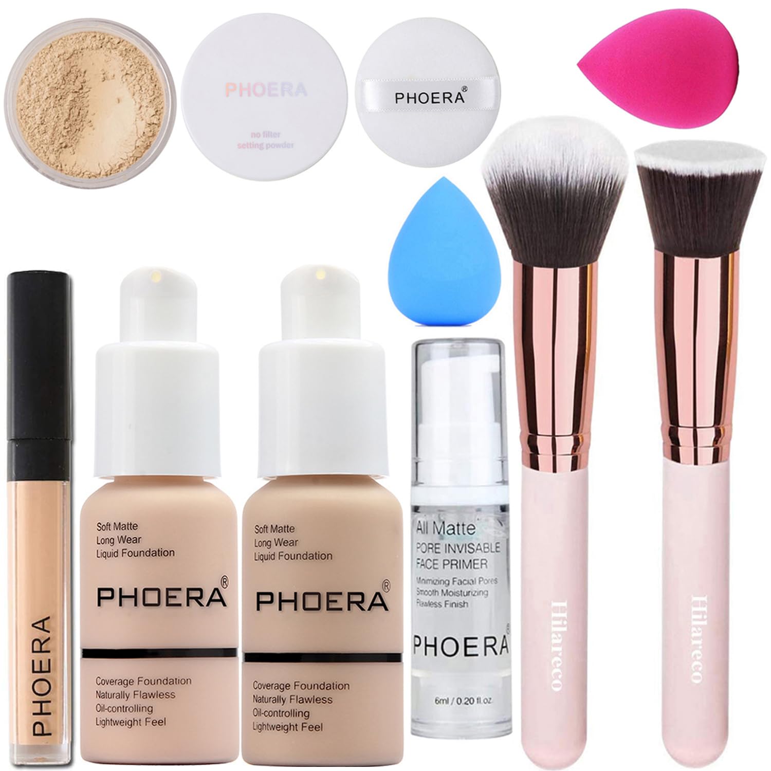 PHOERA Foundation Set, Kabuki Makeup Brushes, 2 Makeup Sponge (Porcelain + Nude) — image 1