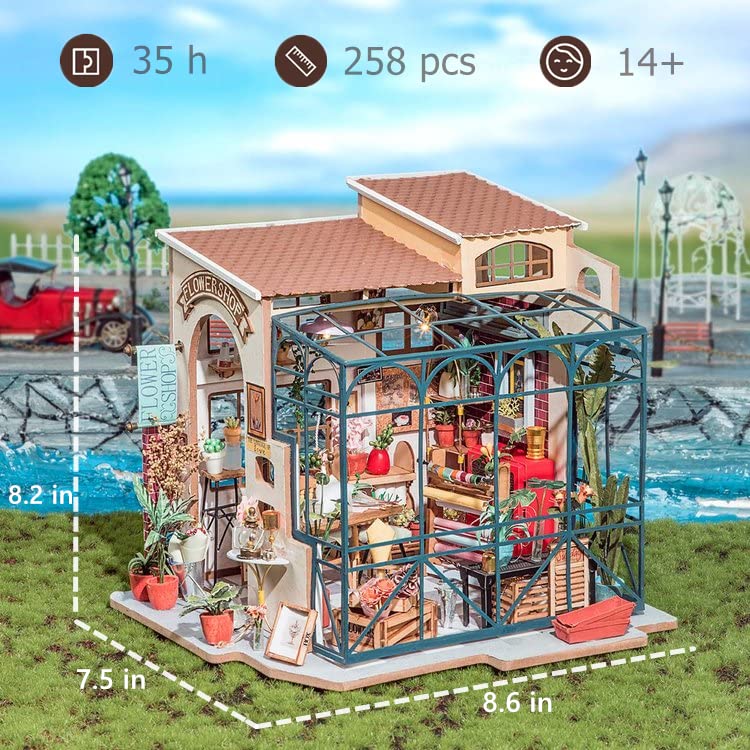 ROBOTIME DIY Dollhouse Kit Mini House with Furnitures Accessories 1:24 Scale Craft Kit - Emily's Flower Shop