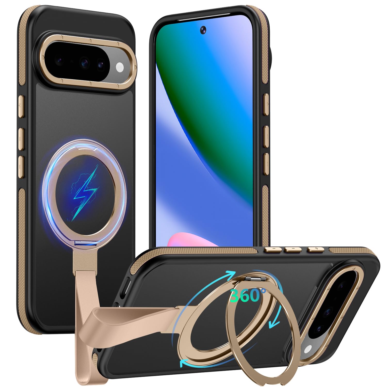 Photo 1 of TIANNIUKE for Google Pixel 10 Pro Case/Pixel 10 Case 360°Rotatable Magnetic Ring Holder Stand with Silicone Strap, Fit for MagSafe Mil-Grade Shockproof Translucent Matte Phone Cases (Desert Gold)