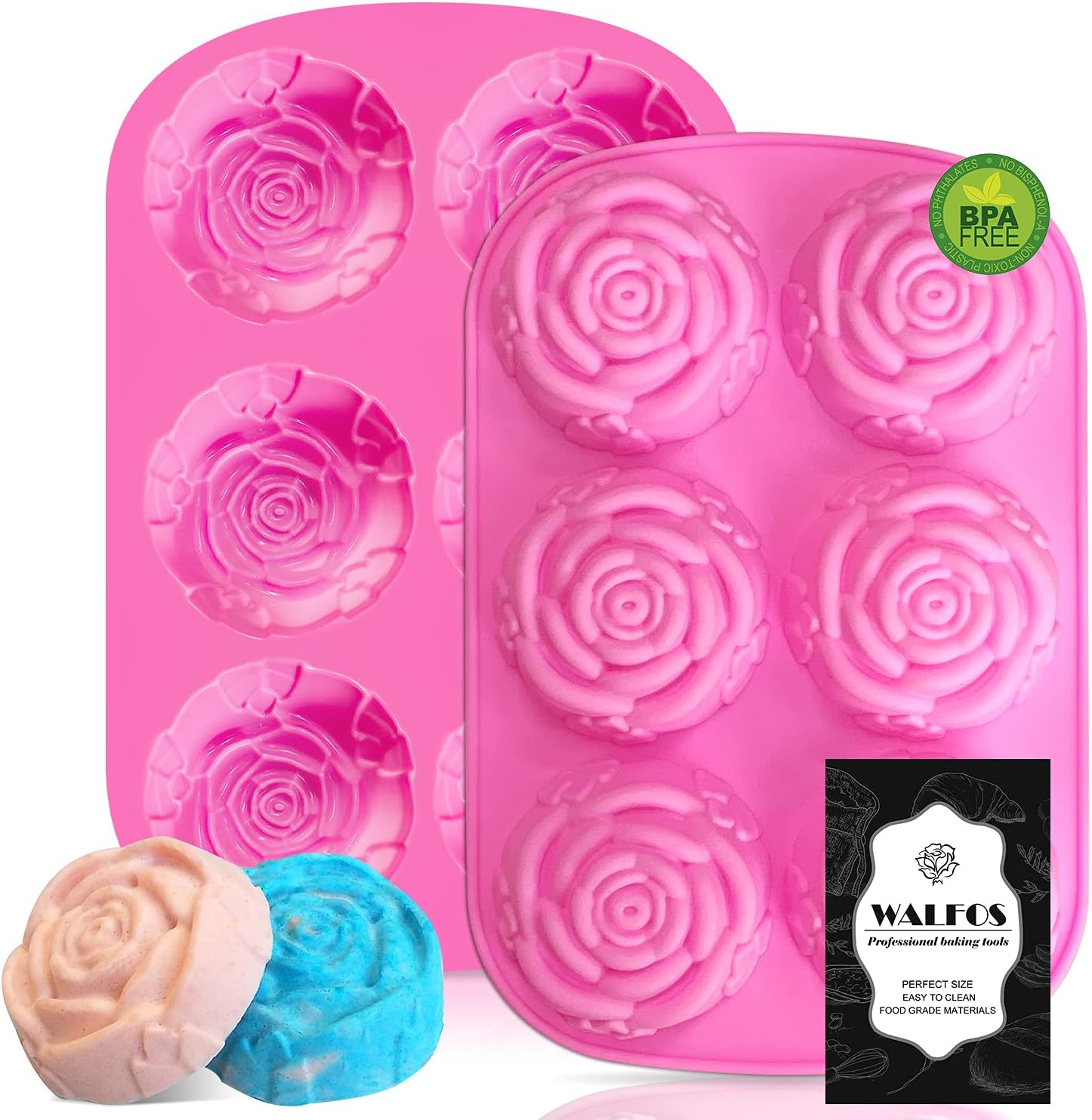 Walfos Silicone Rose Mold - 2 Pcs Large Rose Flower Soap Mold, Food Grade Silicone and BPA Free, Perfect for Soap, Mousse, Cake, Jelly, Chocolate, Dishwasher Safe