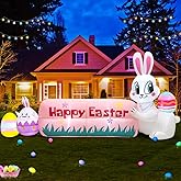 8FT Easter Inflatables Bunny Outdoor Decoration with Happy Easter Banner, Built in LED Lights Blow Up Yard Decoration for Lawn Garden Holiday Party