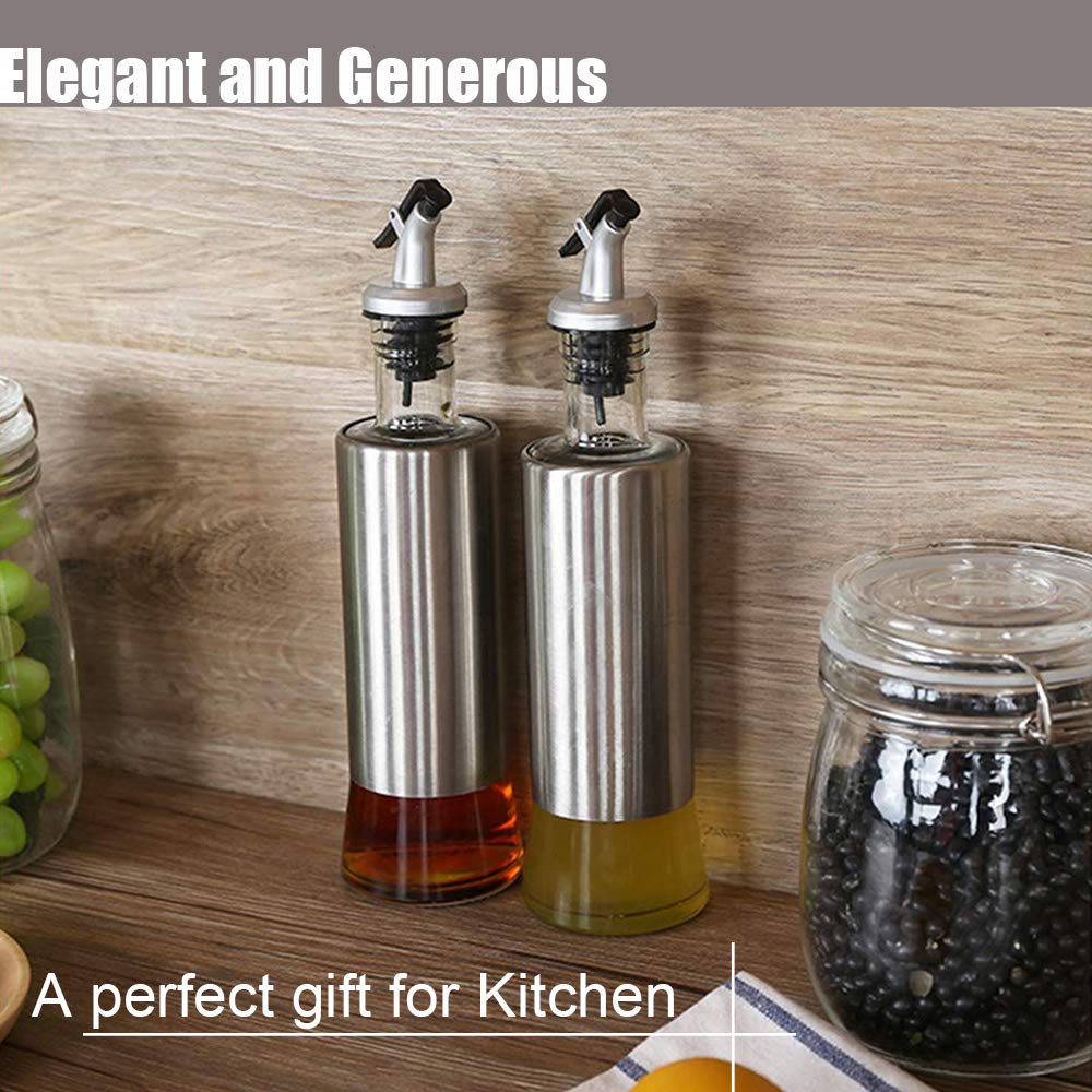 Oil Vinegar and Sauce Dispenser Bottle with Stainless Steel funnel - 11oz/300ml Oil Vinegar and Sauce Cruet Pourer Dispensing Glass and Stainless Steel Bottles for Kitchen