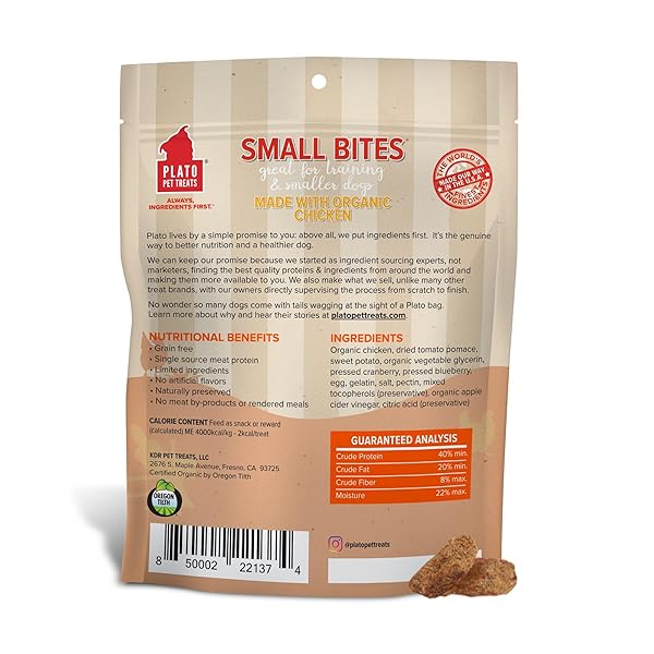 PLATO SMALL BITES NATURAL TRAINING DOG TREATS – REAL MEAT – GRAIN FREE – MADE IN THE USA – ORGANIC CHICKEN FLAVOR, 6 OUNCES