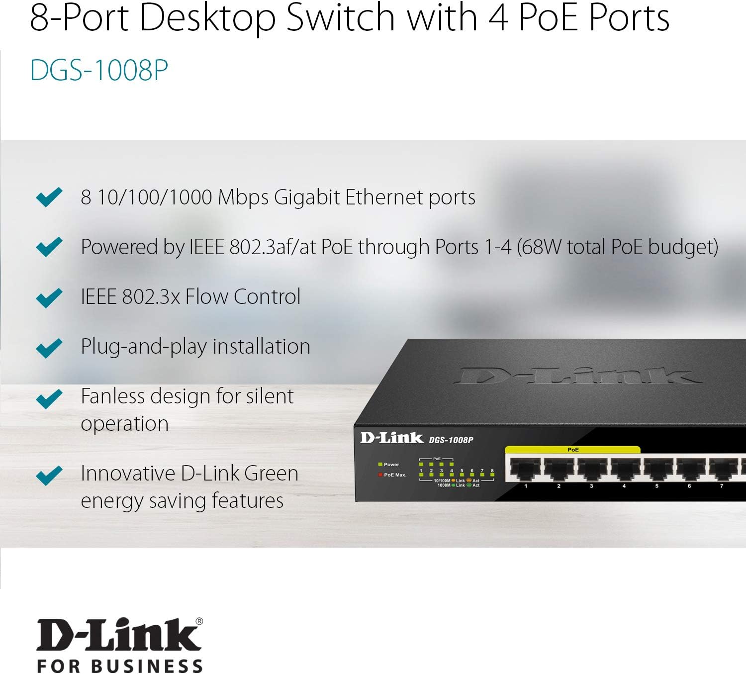 D Link 8 Port Gigabit Unmanaged Desktop Rackmount Poe Switch With 4 Poe Ports Rugged Metal Housing Plug And Play Fanless Green Features Poe 68w Poe Budget Ltd Lifetime Warranty Dgs 1008p Amazon Ca Computers Tablets