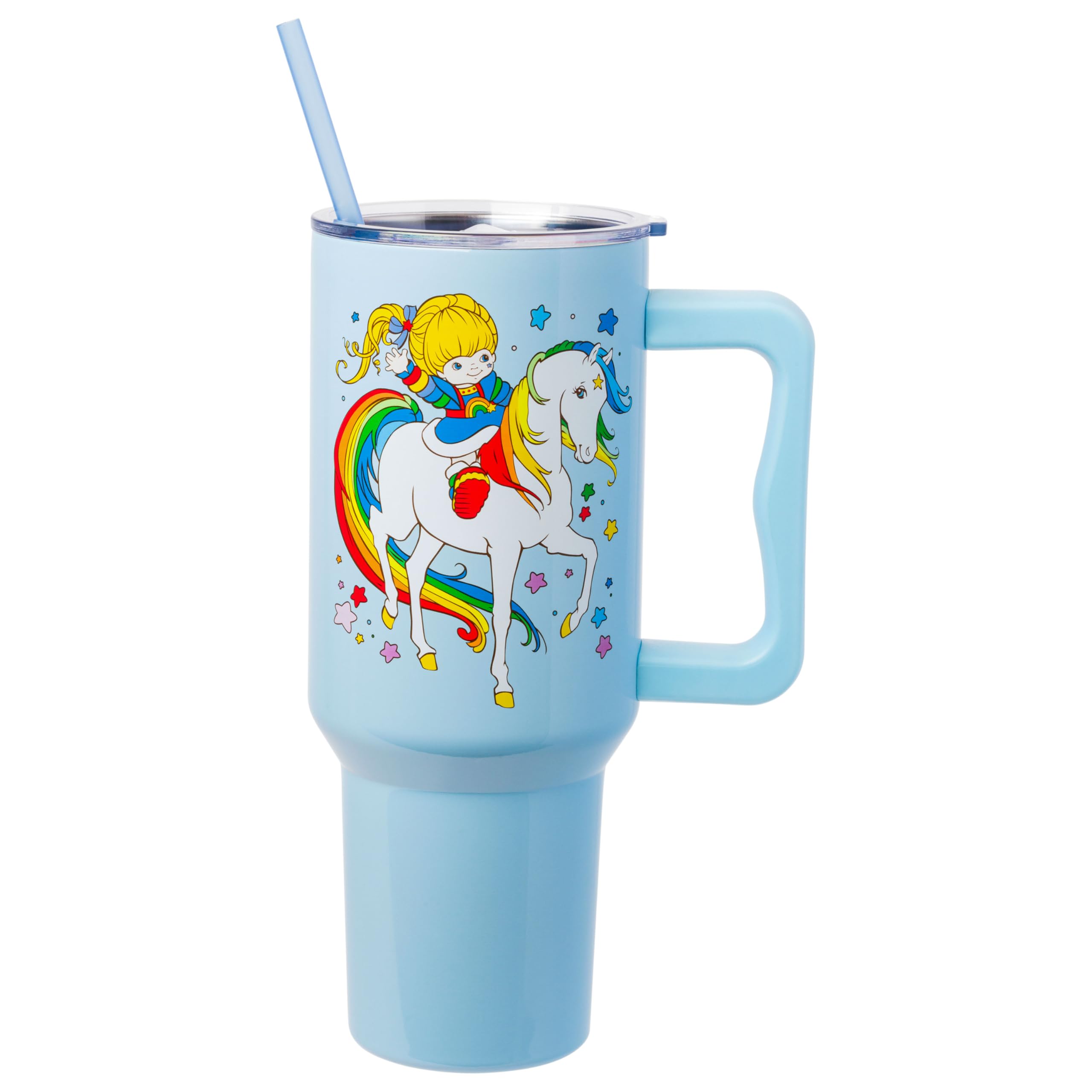 Silver Buffalo Rainbow Brite Featuring Starlite Stars Stainless Steel Tumbler with Handle and Straw, Fits in Standard Cup Holder, 40 Ounces Image